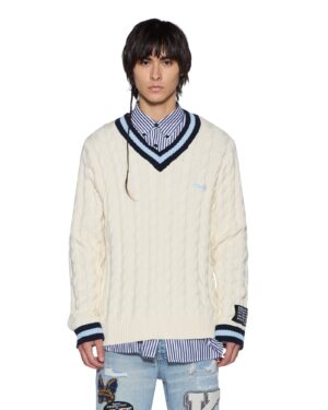 Princeton Cable Knit V Neck Vintage White